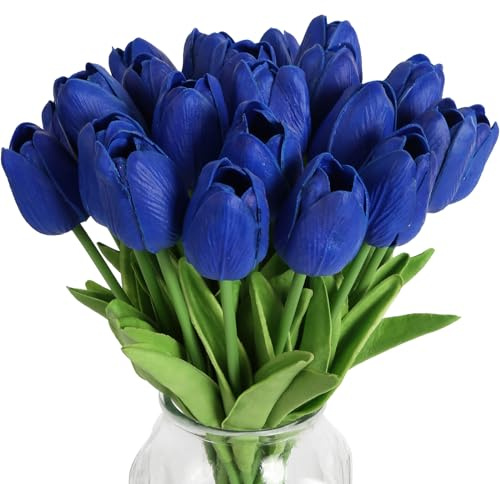 IPOPU 24 PCS Royal Blue Flowers Tulips Artificial Flowers Real Touch Blue Tulips Faux Flowers for Home Table Decor Wedding Bouquet Party Baby Shower Centerpieces Bridal Bouquet Decor (Blue)