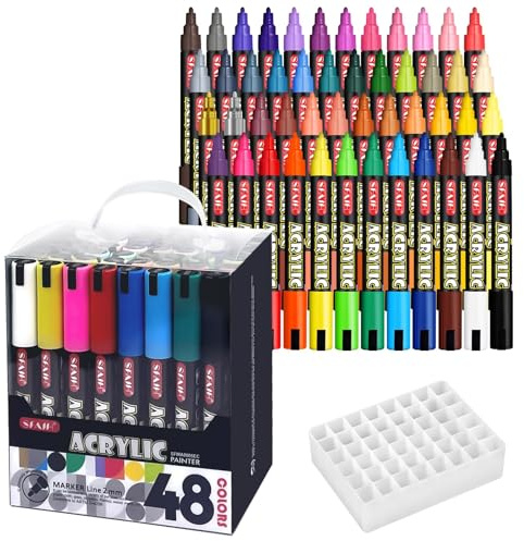 SFAIH Acrylic Creative Markers Set of 48 with Organizer, 3mm Medium Tips, Waterproof, Fast Drying, Holiday Gift Idea - Art Supplies, Fabric Paint, Rock Painting, Art Markers