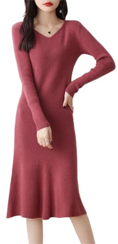Ailaile 100% Wool Sweater Dress Women's Mid-Length Girl's Slim Fit V-Neck Long Sleeve Pullover A-line Knitted Long Dress