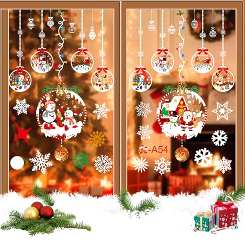 Coicok 2 fogli Vetrofanie Natalizie per Finestre, Stickers Natalizi Rimovibile Statici in PVC, Adesivi Finestra Natalizi Riutilizzabili Pupazzo di Neve Fiocco di Neve Babbo Natale Sticker Grandi