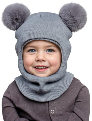 MASOCIO Schlupfmütze Kinder Junge Mädchen Warme Schalmütze Kleinkind Wintermütze mit Bommel Pom Pom Beanie Mütze 1-8 Jahre