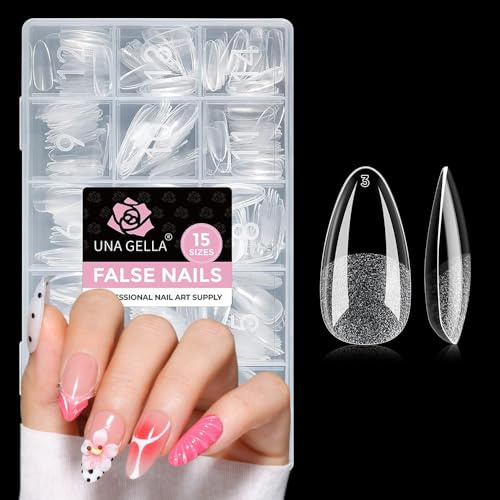 UNA GELLA Capsule Americaine Ongle Amande Medium, 300 pcs 15 Tailles Capsules Ongles Gel Pré-Poncées Sans Limage, Faux Ongles Amande Full Cover Soft Gel pour Extensions et Nail Art