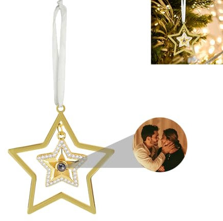 Schneeflocken Foto Ornament für Weihnachtsbaum,Schneeflocken Anhänger mit Bild im Inneren, Personalisierte Bild Projektion Weihnachts Dekoration Weihnachtsbaum Ornament für Paare Familie (Star)