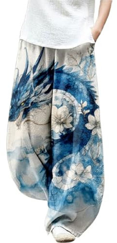 Dragon Print Pants for Women Japanese Ink Painting Wide Leg Pants Sweatpants Waist Elastic Baggy Lantern Trouser Causal Spring Fall Yoga Harem Hippie Pants with Pockets