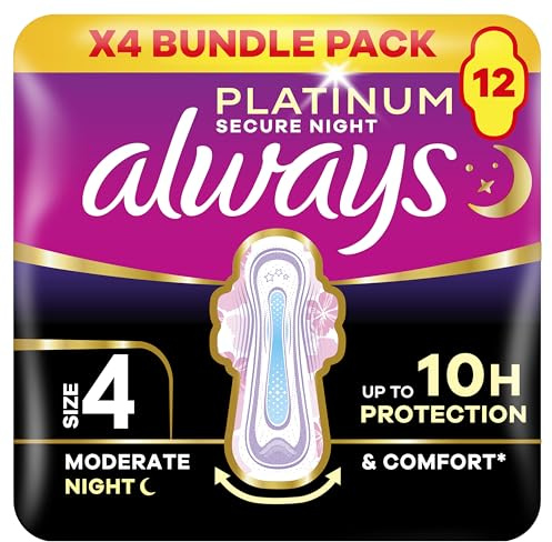 Always Platinum Size 4 Sanitary Pads With Wings Secure Night 12 Pack