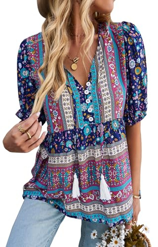 CNTSFS Chemisier élégant et décontracté pour femme, style bohème, col en V, motif floral, tunique ample, manches longues, pour l’été, Bleu marine, XL