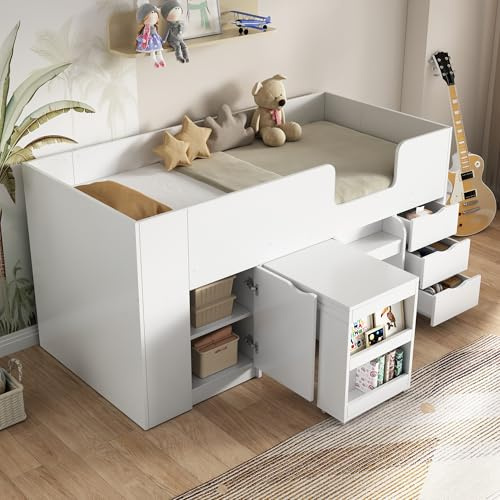 Kinderbett Hochbett 90x200, Funktionsbett mit Ausziehbarem Schreibtisch&herausnehmbarem Schrank&Schublade&Stauraumschrank, Etagenbett Jugendbett mit Rausfallschutz&Lattenrost, MDF, Ohne Matratze, Weiß