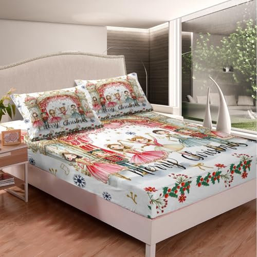 Loussiesd Christmas Nutcracker Bedding Set Double Size Ballet Nutcracker Fitted Sheet for Boys Girls Children Prince Bed Sheet Set Room Decor Xmas Cartoon Bed Cover 3Pcs