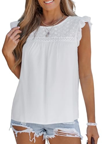 CUPSHE Camicetta da donna con pizzo, volant, maniche ad ali, occhielli ricamati, top estivo, vestibilità comoda, casual, bohémien, camicia in cotone, bianco, L