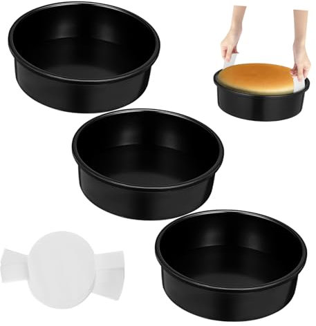 ULTECHNOVO Moules à Gâteau Antiadhésifs Lot de 3 en Acier au Carbone Noirs Ronds avec Papier Sulfurisé, pour Cuisson et Anniversaires