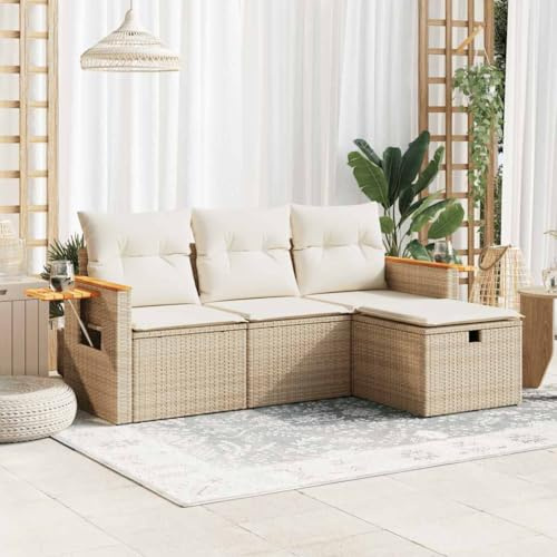IKAYAA Divano da Esterno Set Divano da Giardino con Contenitore Salotto per Arredamento da Esterno Set da Giardino in Polyrattan-Beige e Panna-4 pz