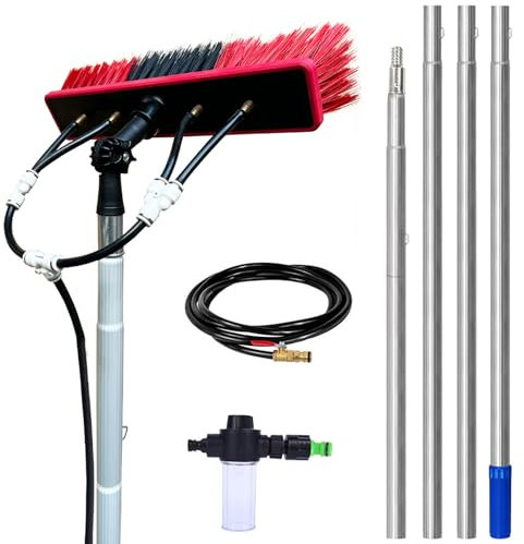 YFSMBD Teleskop Waschbürste mit Teleskopstiel 3m - 13.6m, Ausziehbar Teleskopstangen Reinigung für Fenster, Terrassendach, Solaranlage - inkl. Bürste, Schlauch, Seifenspender (55cm Bürste,3.7m)