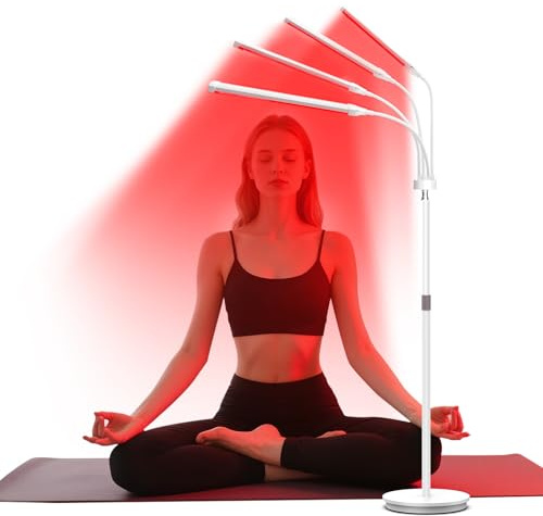 Hottoerak Rotlichtlampe Stehlampe, 660nm&850nm&940nm Infrarotlampe mit 180LEDs, 3 Modi & 5 Helligkeitsstufen & 10/20/3Min Timer Red Lights, 4 Kopf Rotlicht für Hause, Büro(Weiß)