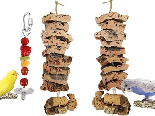 Vogelspielzeug, 2er Set Korkrindenknabberseil, Edelstahlfruchtspieß gratis dazu, für alle Vögel