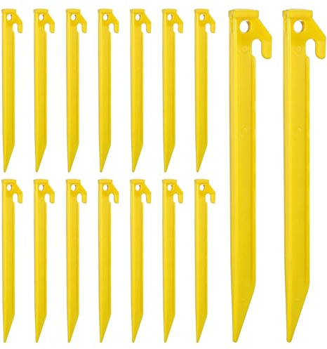16 Pack Plastic Tent Stakes, 9 Inch Long Heavy Duty Beach Tent Pegs, Durable Garden Lawn Tarp Stakes, Tent Spikes Nails Pegs Hammer for Outdoor Beach Camping Courtyard Decorative Accessories (Yellow)