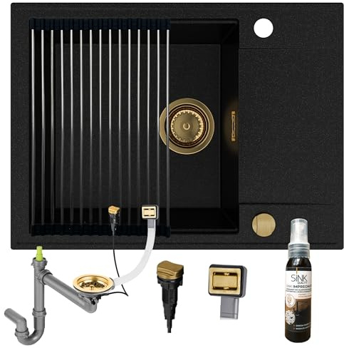 SINK QUALITY Évier de cuisine, en granit, noir avec taches dorées, 62 x 46 cm, avec siphon doré, égouttoir, agent imperméabilisant, avec égouttoir pour meuble bas de 55 cm