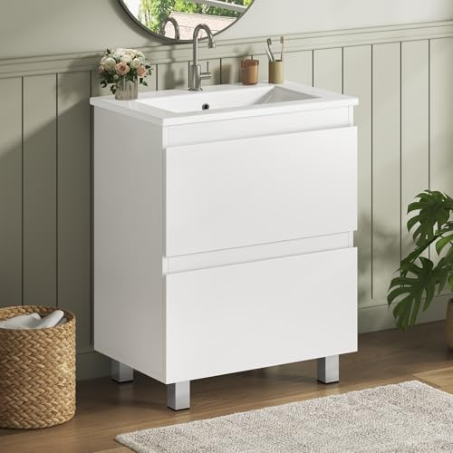 KIMENICH Waschtisch mit Unterschrank 60 cm, Waschbeckenunterschrank, Badezimmerschrank mit 2 großen Schubladen, Unterschrank Waschbecken mit Füßen, Viel Stauraum, 61 x 46.5 x 87 cm, Weiß