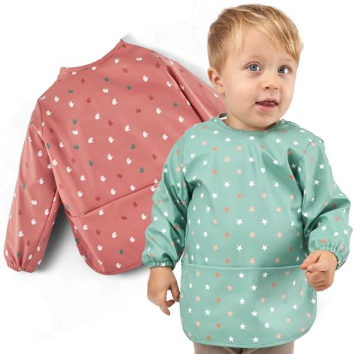 knorr-baby Ärmellätzchen 2er Set | wasserdichte Baby bib Lätzchen mit Ärmeln & Auffangschale | Beikost und Esslätzchen | OEKO-TEX® Standard 100 geprüft