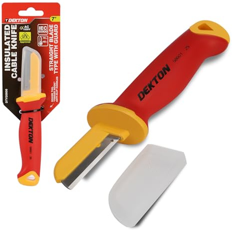 DEKTON Insulated Cable Knife 180mm | Straight Blade, Guard & Finger Hook | Ergonomic Anti-Slip Handle | VDE Certified for Electrical Work
