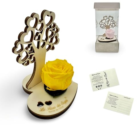 La Rosa dei Sogni Rosa Stabilizzata con Albero della Vita in Legno Intaglio Laser – Fiore Naturale a Lunga Durata, Scatola Elegante - Made in Italy (Giallo)