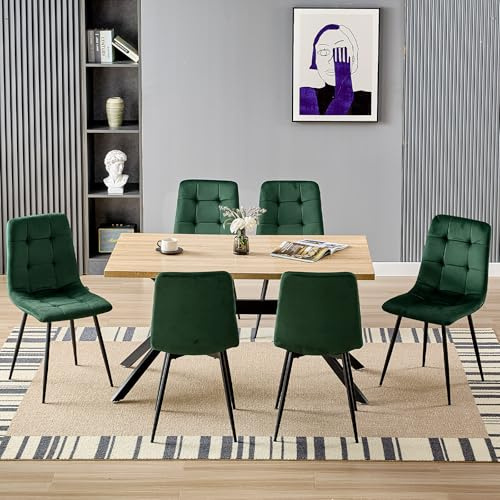 LEWE Essgruppe esstisch mit 6 stühlen Set, Rechteckig Küchentisch aus Holz(140x80x76cm) und 4er Set Dunkelgrün Velours gepolsterte Esszimmerstühle Sitzgruppe für Wohnzimmer Küche Büro