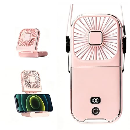 Peixiong Mini Ventilador Portátil USB Recargable, Ventilador de Mano 5 en 1 con Pantalla LED, Power Bank 3000mAh, Plegable 180°, 4 Velocidades, Silencioso para Oficina, Viajes y Hogar (Rosa)