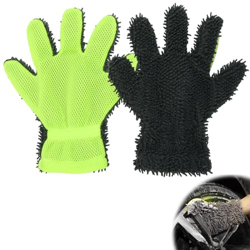 Feirdhoo 2 Stück Auto Waschhandschuh, Mikrofaser Handschuh mit Fünf-Finger-Design, Wiederverwendbare Reinigungshandschuhe für Auto, LKW & Motorrad
