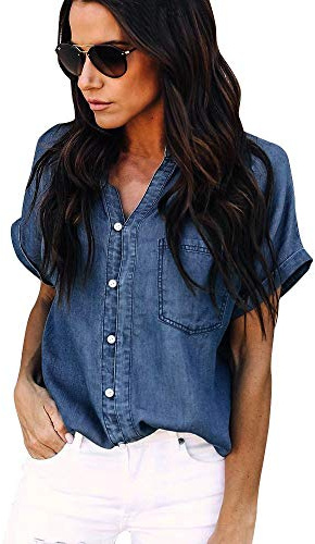 Generisk jeansjacka dam ljusblå mjuk, jeansskjorta damer kortärmad stora storlekar – övergångsjacka elegant skjortjacka button down jeansblus ledig skjorta blus lösa toppar streetwear vårjacka