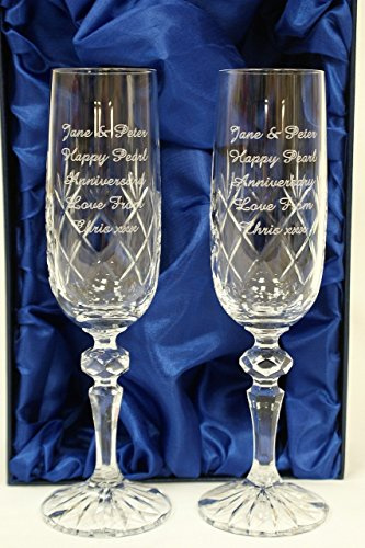 Engraved/Personalised Pair of Crystal Champagne Flutes Glass Gift For Bride & Groom/Wedding/Silver/Ruby/Golden Anniversary/Retirement/Leaving Present