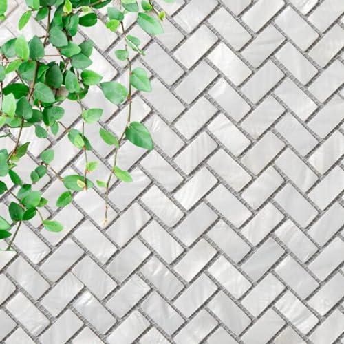 Tenedos Vogue Tile Fliesenrückwand aus echtem Perlmutt, Fischgrätenmuster, Mosaik, für Küche, Bad, Dusche, Spas, Kamin, Pool, Weiß