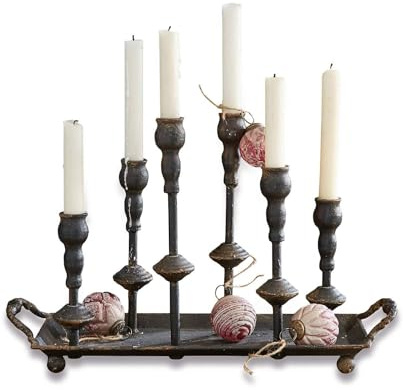 Loberon Kerzenständer Aisa, Wunderschönes Shabby-Finish, Tolle Basis für Deko-Ideen, Vintage-Look, Platz für 6 Stabkerzen, Tablett, Kerzenhalter, Eisen, antikschwarz