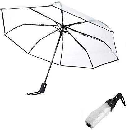 Faltbarer Regenschirm, tragbarer, modischer transparenter Regenschirm,super großer dreifach faltbarer Damen-Regenschirm für Reisen, Business und den täglichen Gebrauch (schwarz)