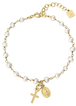 Kokomorocco - Pulsera Mujer Rosario Virgen Milagrosa - Pulsera Ajustable – Perlas de Agua Dulce - Plata de ley 925 Bañada en Oro de 18 Quilates – Regalo Original Mujer – Diseño Artesanal