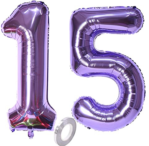 Hopewey Globos con el número 15, lila, 2 unidades, gigante de 40 pulgadas, autosellantes, ideales para cumpleaños, niñas (15 años), unisex, niños y adolescentes