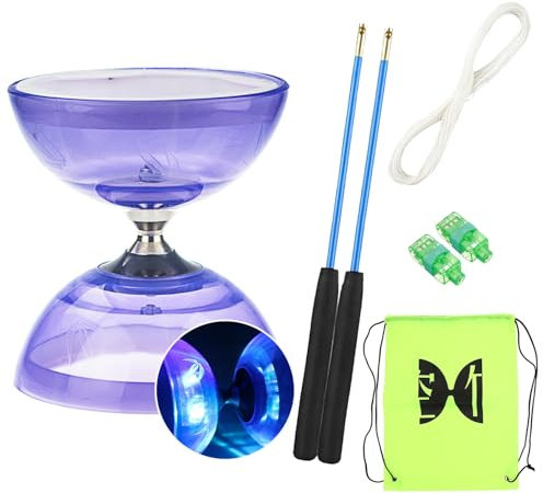 Diabolo Freiläufer mit kugellager Dreifache Lagerung Set, 4 Farben Blinkendes Dreifachlager-Diabolo mit Ersatzseil 10m, Profi-Stange, Netzbeutel