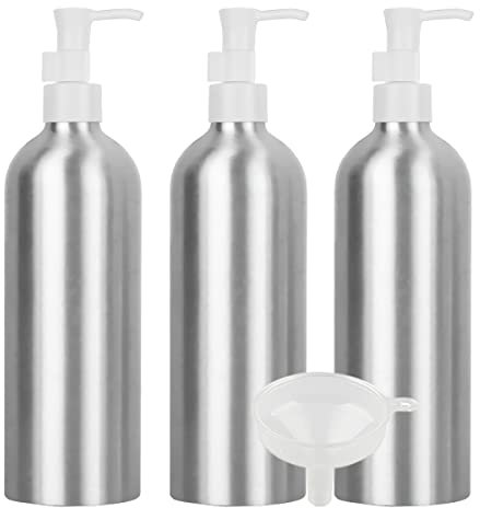 TIANZD 3 Piezas 500 ml Botella de Dosificador Botella de Aluminio Plata con Bomba Vacías Envase Cosmético para Champú de Loción Gel Cremas Aceite Esencial Viaje, 1x Embudo