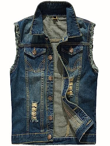 Kelmon Veste en jean pour homme, gilet déchiré vintage, décontracté, pour motard, veste de moto, veste de cowboy sans manches, noir foncé, XL