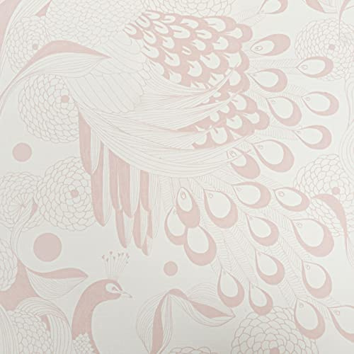 SOPHIE LAURENCE Pink White Floral Designer Textured Wallpaper - Botanique Plume Rose Birds - Solid Heavy Duty Plain - Non Woven Fleece Wallpaper for Living Room