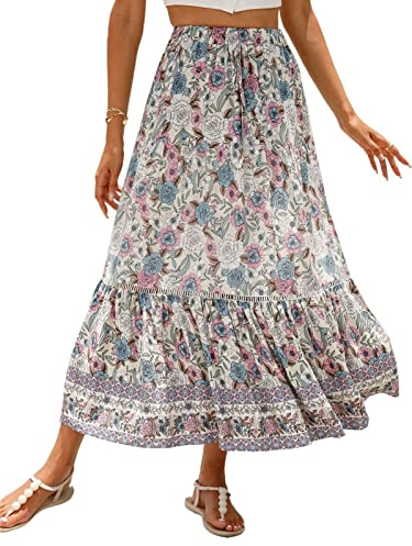 SotRong Jupe midi d'été bohème vintage imprimé floral jupes gitane taille haute robes d'été longues pour vacances à la plage, a-beige, L