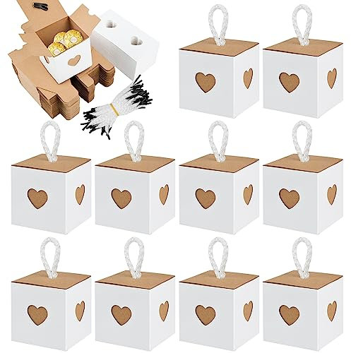 50 Stk Geschenkbox Klein,Kleine Geschenkboxen Weiß & Braun mit Herz,5,5 x 5,5 x 5,5cm Kraftpapier-Geschenkboxen,Faltgeschenkboxen mit Notizblock für Süßwaren, Gastgeschenke,Hochzeit,Party, Geburtstag