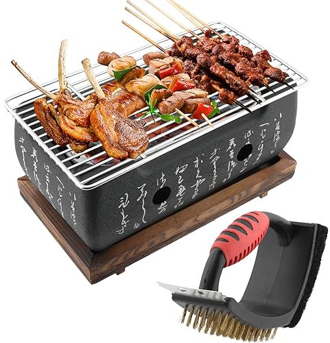 Barbecue da tavolo a carbonella, stile giapponese, con spazzola per la pulizia, mini fornello portatile, piatto, accessori per feste e utensili per barbecue