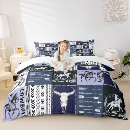 Manfei Cowboy Duvet Cover Set Twin Size, Horse Bull Skull Cowboy Boots Hat Bedding Set 2pcs, Kids Boys, Boho Navy Blue Lattice Patchwork Comforter Cover Western Quilt Cover, 1 Pillowcase,No Comforter