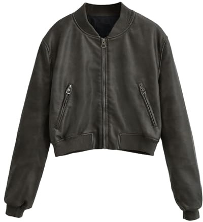 CABULE Retro PU leather jacket for hot girls with motorcycle style short stand-up collar baseball jacket-Coffee-M