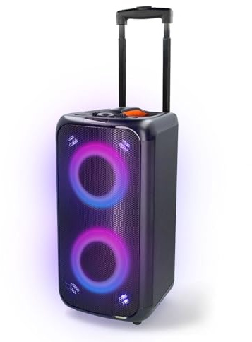 NEDIS Portable Bluetooth Party Speaker, 240W Peak Power, with Mega Bass, LED Lights, 5hr Playtime, Retractable Handle & Wheels, AUX/USB / 6.35mm Mic Input for Karaoke
