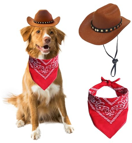 AWOCAN Cowboyhut für Hunde und Katzen, mit Bandana-Schal, Mini-Haustierkostüm für Halloween, Urlaub, Party-Dekoration (braun, groß)