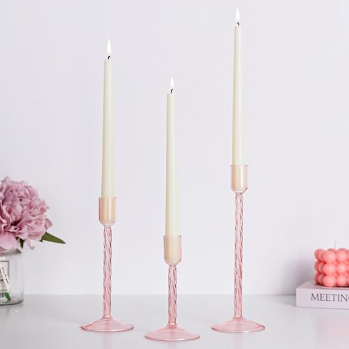 Hewory Glass Candle Holders Candlesticks: 3Pcs Pink Candlestick Holders Vintage Christmas Decorations for Tapered Candles Modern Table Centrepieces for Dining Room Wedding Candle Sticks Holder