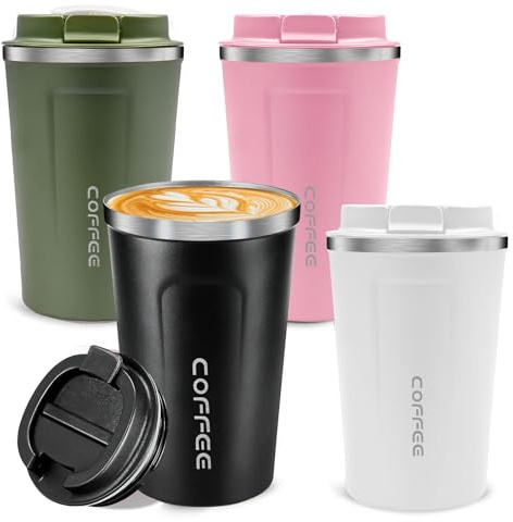 4 Pack Travel Coffee Mugs, 380ml Reusable Insulated Mug with Leakproof Lid