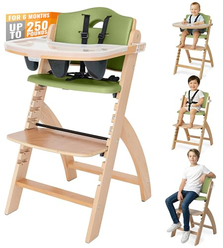 Abiie Beyond Junior Wooden High Chair with Tray - Adjustable and Convertible High Chair for Babies and Toddlers - 6 Months to 250 Lb - Water Resistant - Natural Wood with Olive Cushion
