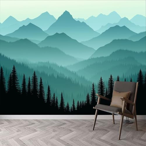 Fototapete Wald blaugrüne Berge 200 x 140 cm Vlies Tapeten Wandtapete XXL Moderne Wanddeko Design Wand Dekoration Schlafzimmer Büro Gaming Room Wandtapete