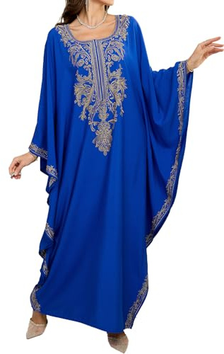 LikeJump Kaftan Maxi Kimono Robe de Nuit Longue Brodée Ethnique pour Femme Ample Vêtement d'Intérieur Surdimensionné Cache-Maillot Peignoir, a blei, Taille unique
